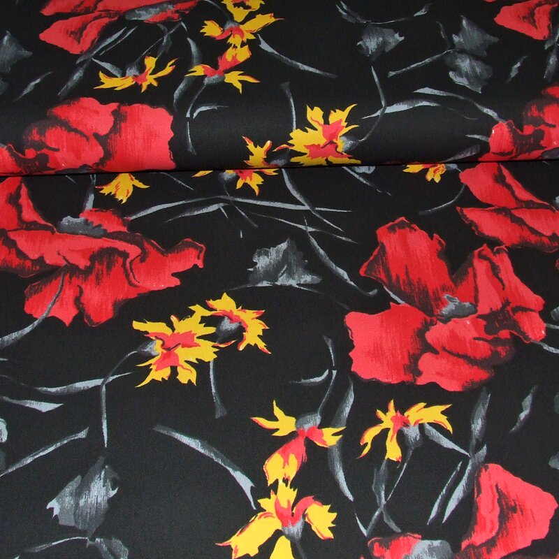 Baumwoll Feinköper mit Elastan, Blumenmuster, schwarz