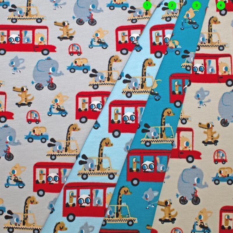 Baumwolljersey Tiere / Verkehr 02 hellblau