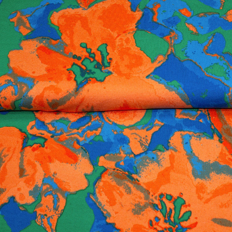Jersey Viskose DIGI Druck Blumen ÖkoTex 02 grün-orange