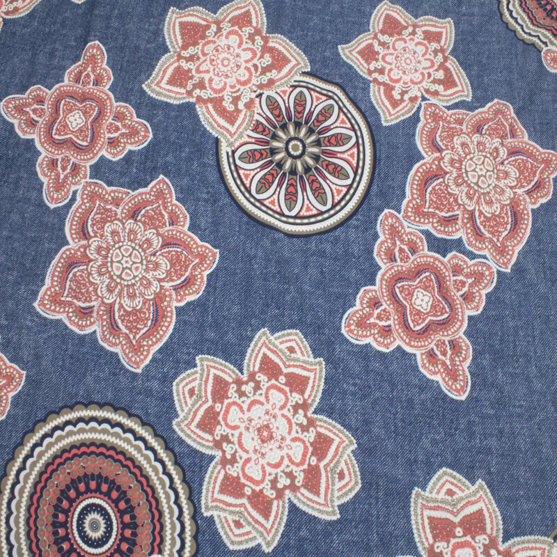 Polyester-Jersey mit Flockdruck – Florales Mandala-Muster in Denim-Optik