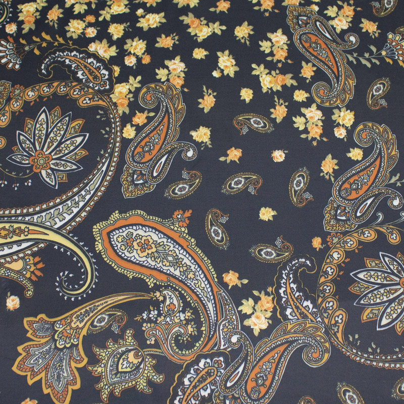 Futterstoff Viskose Acetat, Druck Paisley,schwarz, Design 2